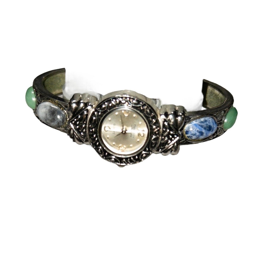 Western Silver Bangle‎ Watch Embassy By Gruen Multicolor Stones 22mm Adjustable